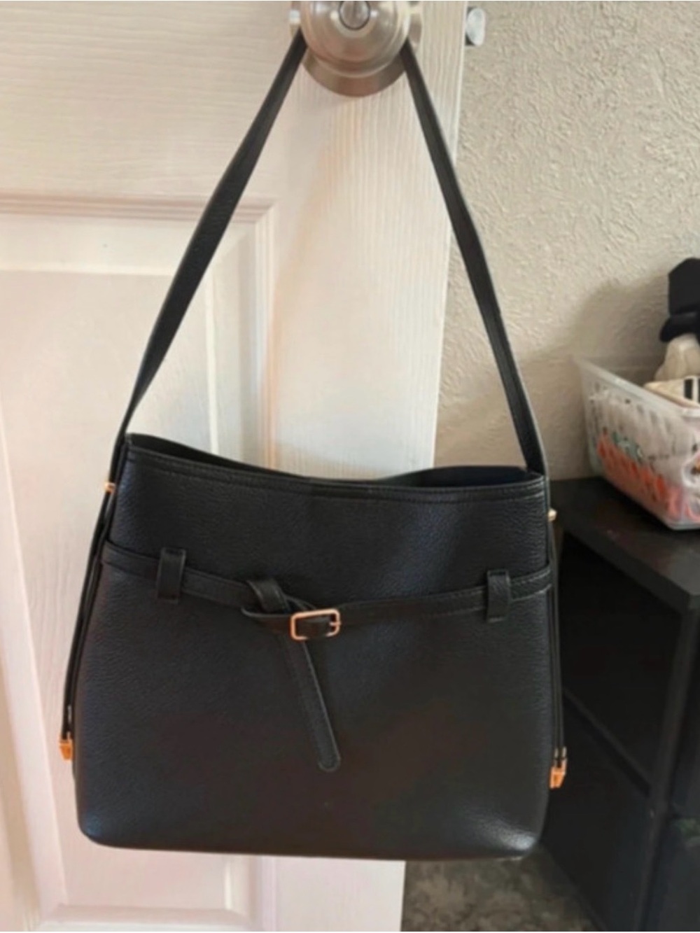 Black Leather Shoulder Bag with Belt Accent - Classic Women's Handbag